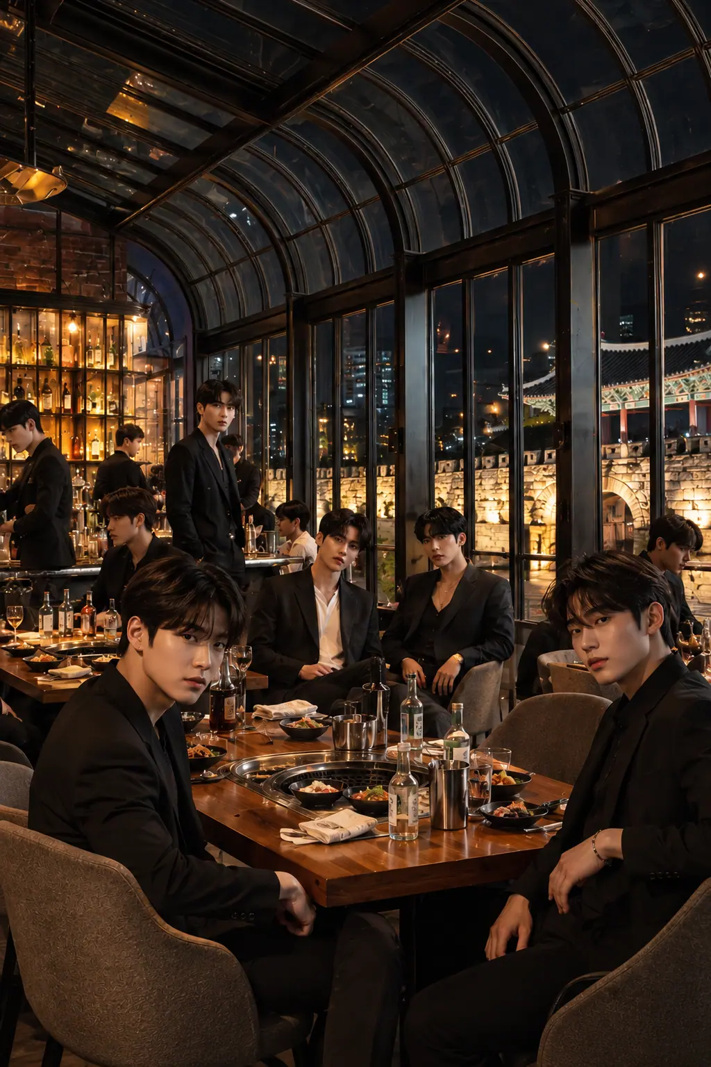 유리 천장 아래 읍성 성곽 조명이 보이는 동래 라운지
