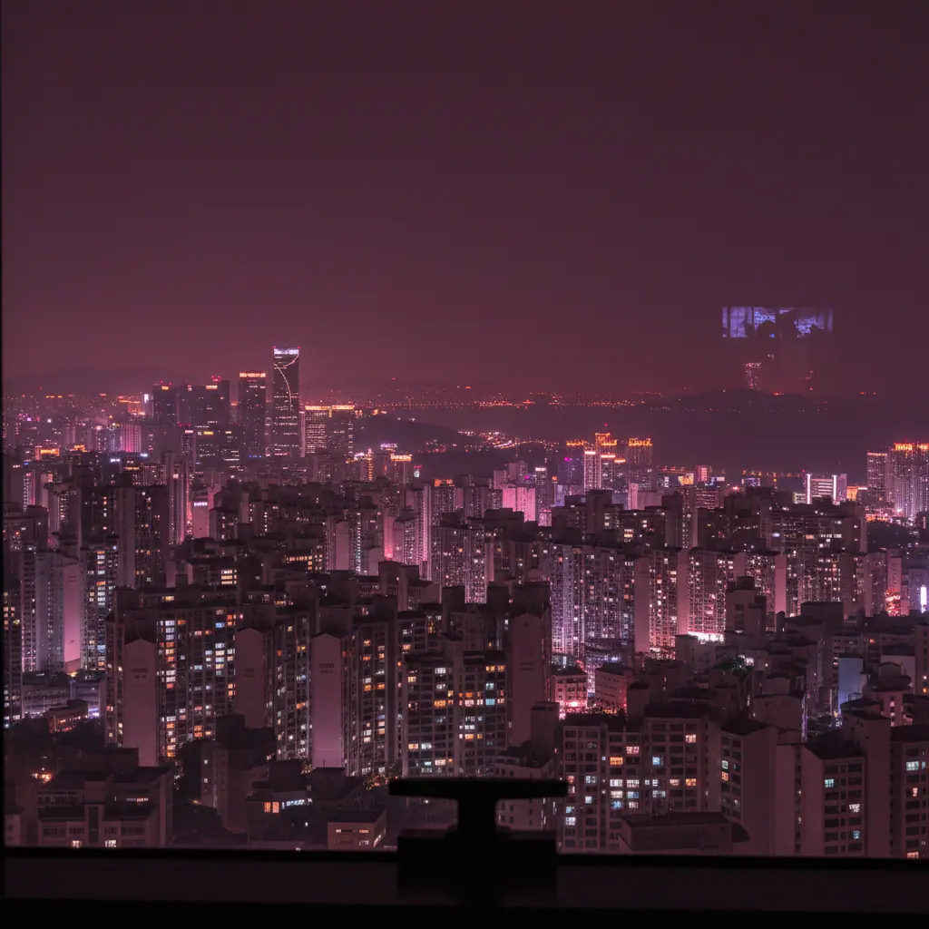 높은 창 너머로 보이는 부산 고층 야경